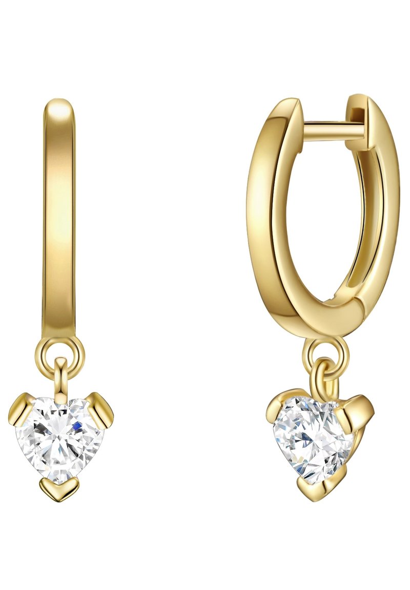 Zelta gredzenu auskari ar sirds formas caurspīdīgu kristālu piekariņu, ar gludām tekstūrām un pulētu apdari. Elegants dizains ar drošu aizdari.