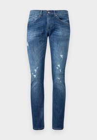 Blå denimjeans med smal passform, med slitna lappar, subtila blekningar, klassisk femfickdesign och knappstängning.