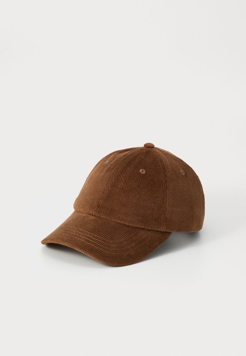 Brown corduroy baseball cap with six-panel design and curved brim on a white background.