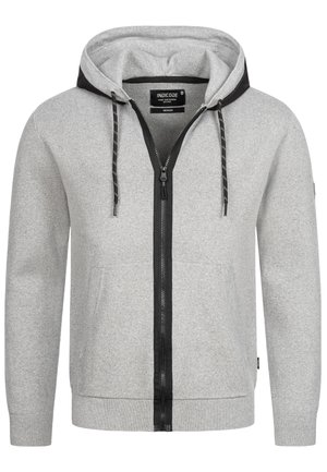 Grijze zip-up hoodie met zwarte accenten, verstelbare trekkoorden, ribgebreide manchetten en zijzakken. Gemaakt van een zachte, gestructureerde stof.