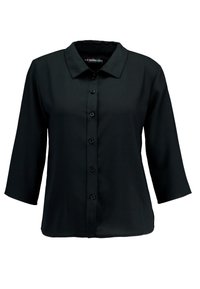 Blusa nera con colletto, maniche 3/4 e chiusura con bottoni. Realizzata in tessuto morbido; presenta sei bottoni al centro.