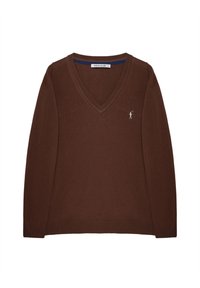 Pull à col en V marron en tissu tricoté, avec un petit logo blanc sur la poitrine. Manches longues avec poignets et ourlet côtelés.