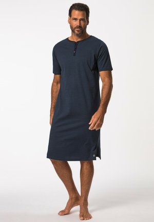 Navy striped short-sleeve sleep dress, made from soft fabric, with a button placket and side slits for ease of movement.