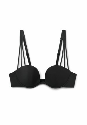 Schwarzer gepolsterter BH aus glattem Stoff, mit Unterwäschestütze und dekorativem Mehrfachträgerdesign. Verfügt über verstellbare Träger und einen Hakenverschluss.