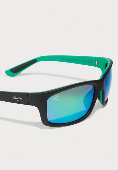 Black and green sunglasses with a matte finish. Polycarbonate lenses feature a blue-green gradient. Notable logo on the temples.