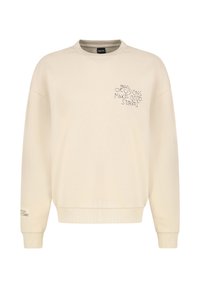 Cremfarbener Sweatshirt mit gerippten Bündchen und Saum. Mit Textstickerei: "SCHLECHTE ENTSCHEIDUNGEN MACHEN GUTE GESCHICHTEN" auf der Vorderseite. Weiches Material.
