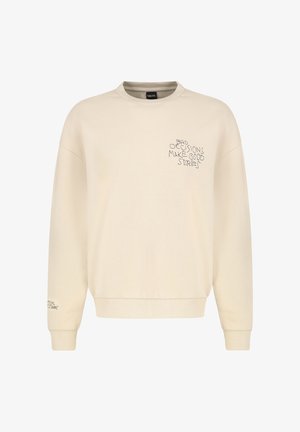 Cremfarbener Sweatshirt mit gerippten Bündchen und Saum. Mit Textstickerei: "SCHLECHTE ENTSCHEIDUNGEN MACHEN GUTE GESCHICHTEN" auf der Vorderseite. Weiches Material.
