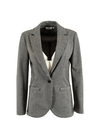 Blazer gris à motif pied-de-poule avec un revers cranté, deux poches avant, fermeture à un bouton et texture douce.