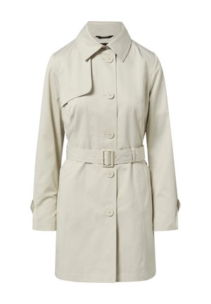 Trench coat color beige chiaro con colletto, bottoni frontali e cintura. Presenta maniche lunghe con polsini regolabili e una linea dritta.