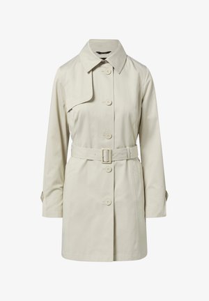 Trench coat color beige chiaro con colletto, bottoni frontali e cintura. Presenta maniche lunghe con polsini regolabili e una linea dritta.