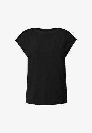 Schwarzes T-Shirt mit kurzen Ärmeln, Rundhalsausschnitt und lockerer Passform. Glattes Material ohne Muster oder Verzierungen.