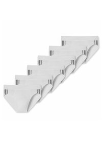 Weiße Baumwollunterwäsche mit glatter Textur, verziert mit grauen gestreiften Akzenten am Bund. Sieben Paare sind in einer Reihe angeordnet.