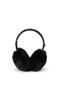 Earmuff in finta pelliccia nera con una fascia decorata da gemme colorate. Il design presenta una forma arrotondata per coprire le orecchie e una finitura testurizzata.