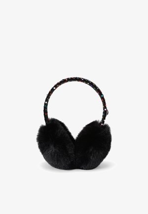 Earmuff in finta pelliccia nera con una fascia decorata da gemme colorate. Il design presenta una forma arrotondata per coprire le orecchie e una finitura testurizzata.
