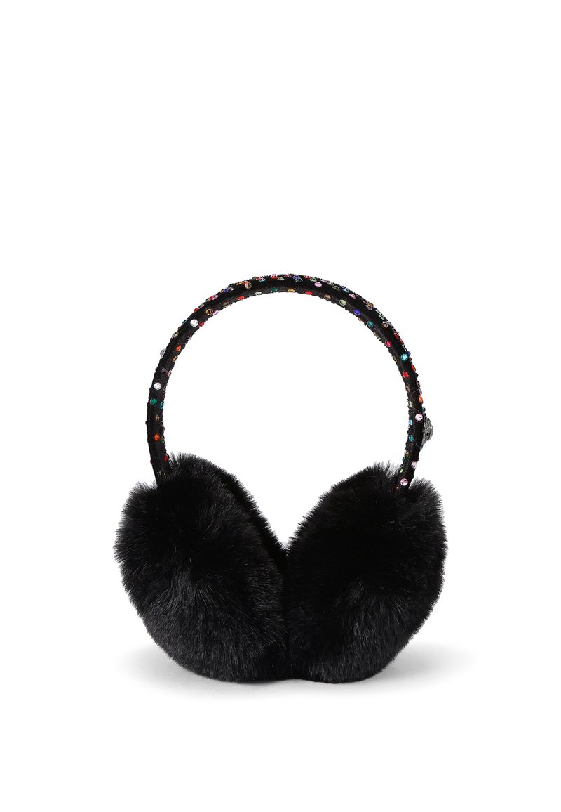 Earmuff in finta pelliccia nera con una fascia decorata da gemme colorate. Il design presenta una forma arrotondata per coprire le orecchie e una finitura testurizzata.