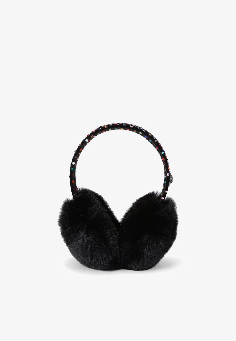 Earmuff in finta pelliccia nera con una fascia decorata da gemme colorate. Il design presenta una forma arrotondata per coprire le orecchie e una finitura testurizzata.