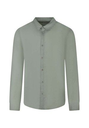 Chemise à manches longues boutonnée dans un vert sauge doux, avec un col classique et des poignets boutonnés, présentée sur un fond blanc uni.