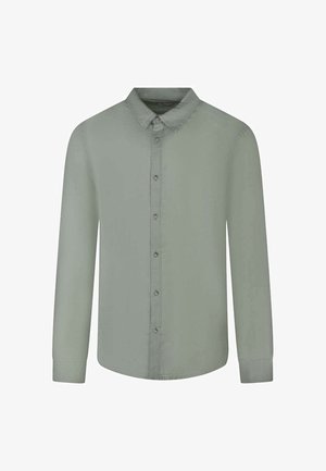 Langærmet, knappet skjorte i afdæmpet salviegrøn med klassisk krave og knappede manchetter, vist på en ensfarvet hvid baggrund.