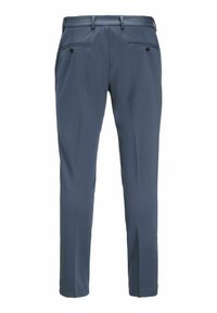 Pantalones azul marino a medida para hombre vistos desde atrás, con pasadores para cinturón y dos bolsillos de ojal con botón.