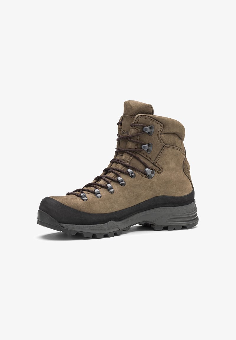 Botte de randonnée montante marron avec semelle noire, œillets métalliques et col rembourré conçue pour une utilisation en extérieur et le maintien de la cheville.