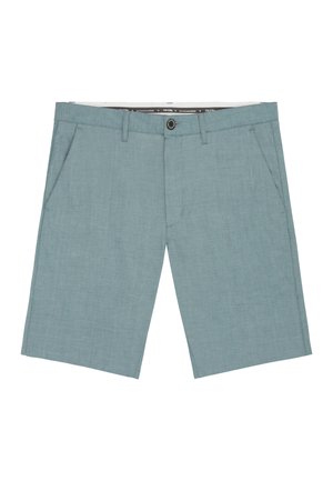 Hellblaue knielange Herren-Shorts mit Gürtelschlaufen, Frontknopf, Reißverschluss und schrägen Seitentaschen.