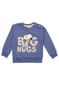 Felpa blu con una grafica di Snoopy che abbraccia Woodstock, con la scritta "BIG HUGS" stampata in grandi lettere color beige. Chiusure a scatto sulla spalla.