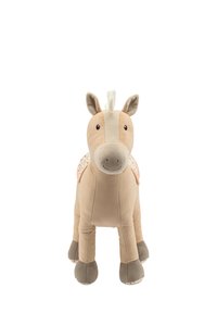 Stuffed horse with a beige body, gray legs, and a patterned saddle. Features a soft mane, round eyes, and a stitched mouth for detail.