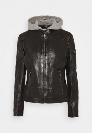 Black leather jacket with a gray hood. Features a front zipper, two side zippered pockets, and textured finish with shoulder detailing.