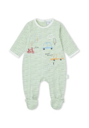 Peto de bebé a rayas verde claro con ilustraciones de una bicicleta roja, coches azules y naranjas, árboles y globos de diálogo que dicen "¡Ciao!" y "¡Brum! ¡Brrum!".