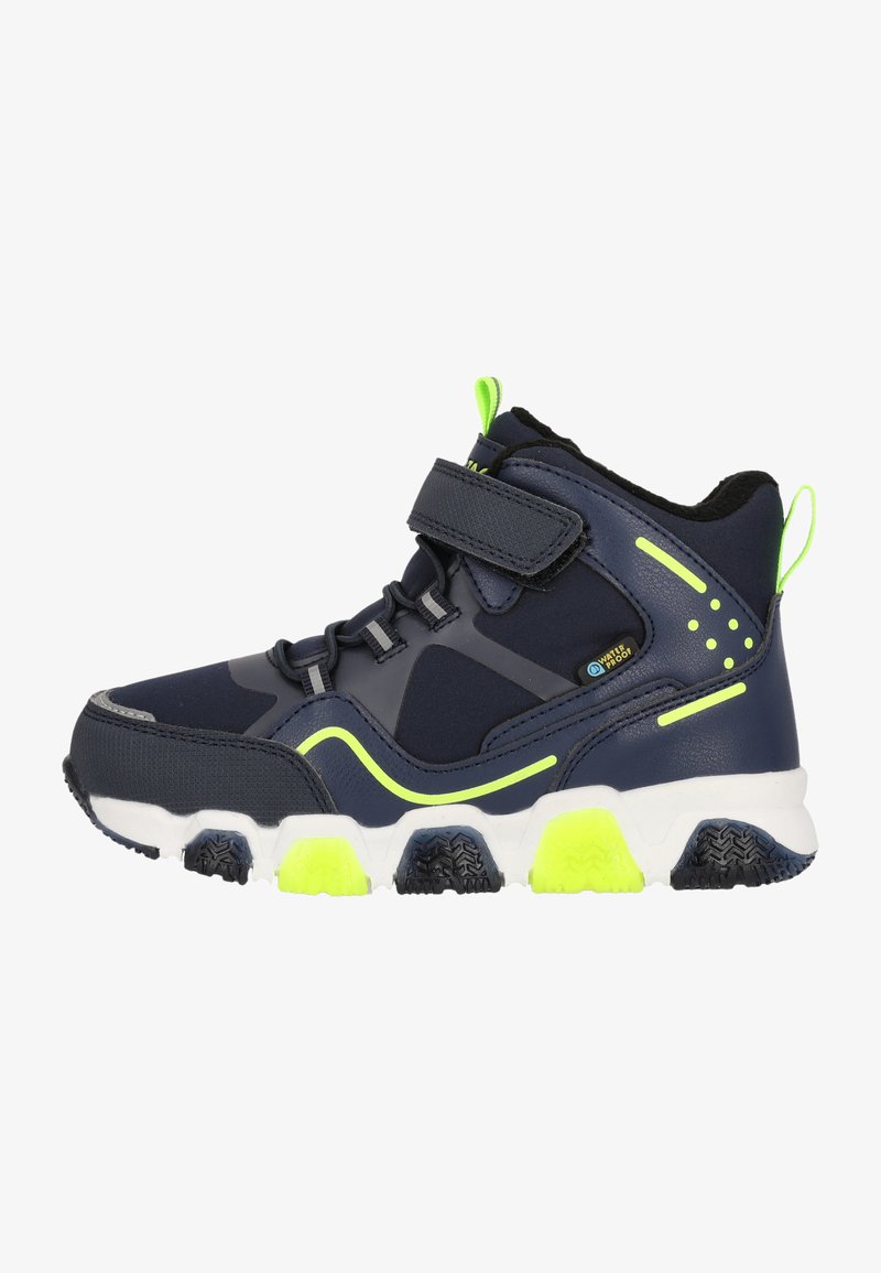 Navy blue athletic shoes with a mid-top design, neon yellow accents, and a Velcro strap. Textured rubber sole and contrasting gray details.