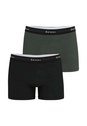 Deux paires de boxers : une noire et une vert foncé. Les deux présentent une ceinture élastique de marque avec une inscription blanche. Tissu lisse, design ajusté.