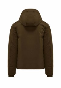 Giacca imbottita marrone con cappuccio, maniche lunghe e polsini elasticizzati. Texture liscia e uniforme senza motivi visibili o dettagli in metallo.