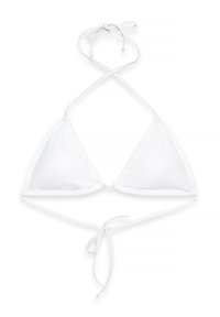 Valkoinen kolmio-bikini ohuille naruille. Omistaa sileän kankaan, säädettävän kaulaimen ja takana olevat siteet mukautuvaa istuvuutta varten. Yksinkertainen ja minimalistinen muotoilu.