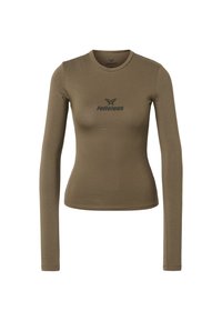 Maglietta marrone a maniche lunghe aderente con collo rotondo e logo nero "felicious" con simbolo di farfalla al centro del petto.