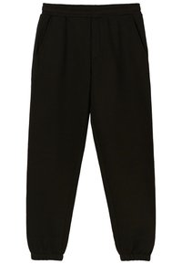 Black sweatpants made of soft fabric with an elastic waistband, featuring two side pockets and tapered cuffs at the ankles.