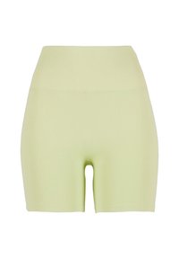 Hoog getailleerde, lichtgroene shorts gemaakt van rekbaar materiaal. Soepele textuur; aansluitend ontwerp met een ronde uitsparing op de onderrug.