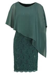 Robe verte avec une jupe en dentelle ajustée ornée de sequins et un haut en tissu léger et fluide. Encolure arrondie et détails à ourlet en dentelle.
