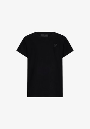 T-shirt in cotone nero con collo rotondo, maniche corte e un piccolo logo sul petto sinistro, caratterizzato da una texture liscia e una vestibilità rilassata.