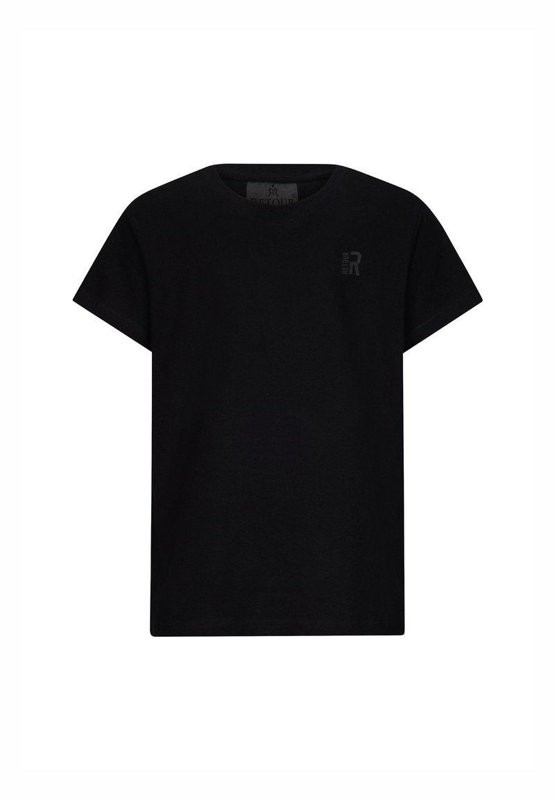 Czarny bawełniany t-shirt z okrągłym dekoltem, krótkimi rękawami i małym logo na lewej piersi, charakteryzujący się gładką teksturą i luźnym krojem.