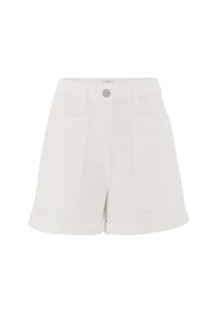 Shorts blancs taille haute avec poches avant, passants pour ceinture, ourlets retroussés et fermeture par bouton argenté à la taille.