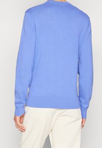 Pull en maille bleu clair à manches longues, poignets et ourlet côtelés, encolure ronde, texture lisse, coupe ajustée.