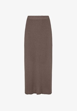Brown, mid-length knitted skirt with a smooth texture. Features a stretchy waistband and a slight flare at the hem.