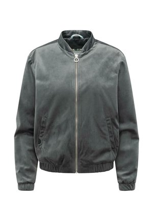 Graue Bomberjacke aus Wildleder mit Reißverschluss vorne, gerippten Bündchen und Saum sowie zwei vorderen Einschubtaschen.