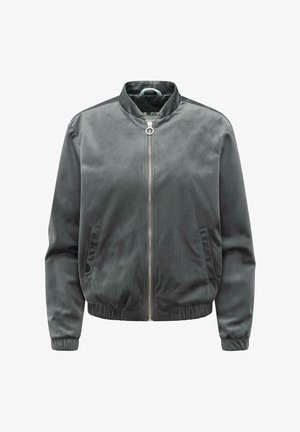 Szara zamszowa kurtka bomberka z przednim suwakiem, ściągaczami na mankietach i u dołu oraz dwoma przednimi kieszeniami typu kieszenie wsuwane.