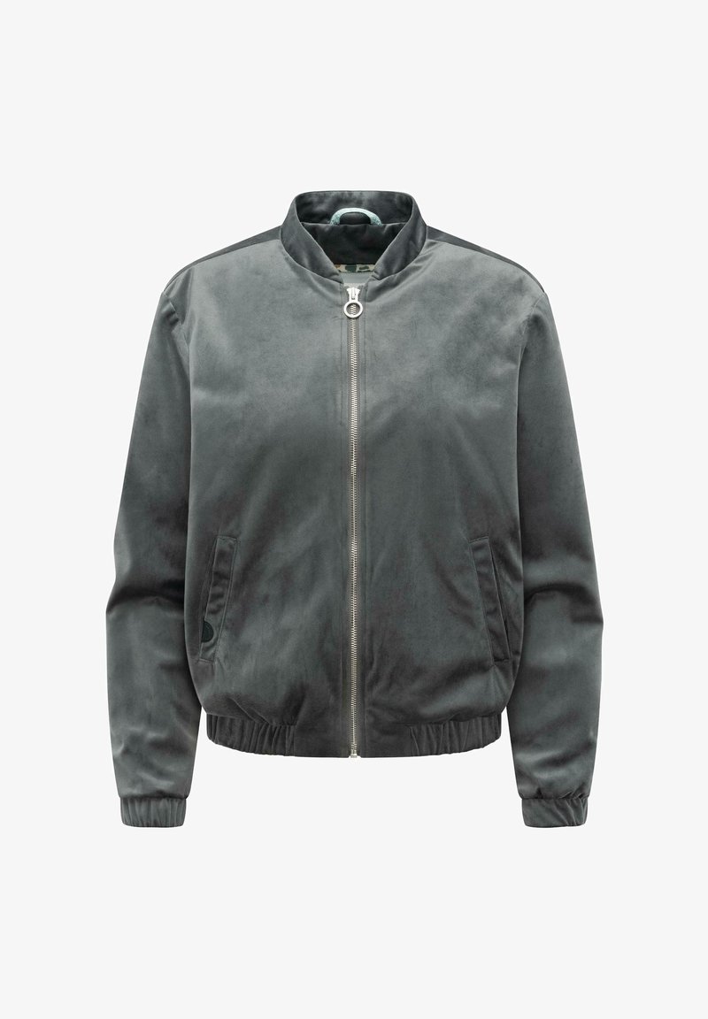 Grijze suède bomberjack met ritssluiting aan de voorkant, geribbelde manchetten en zoom, en twee steekzakken aan de voorkant.