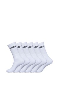 Chaussettes en coton blanches en pack de six, avec un logo noir sur la cheville, des poignets côtelés et une texture lisse.