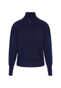Mörkblå tröja med hög ribbad krage, puffärmar, mjuk textur och figurnära design. Har en liten logotyp på baksidan.