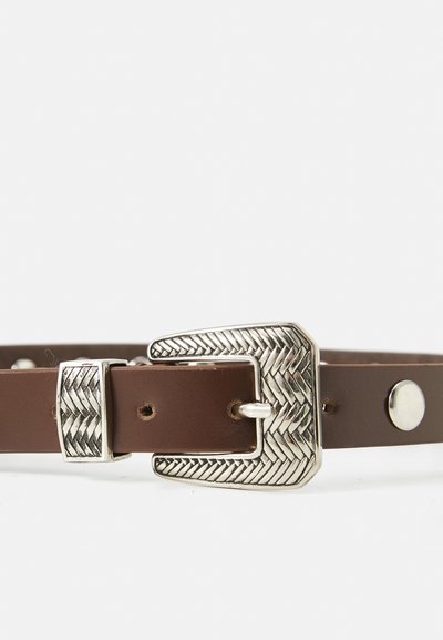 Brown leather belt with a silver geometric-patterned buckle and matching hardware; features a smooth texture and adjustable holes.