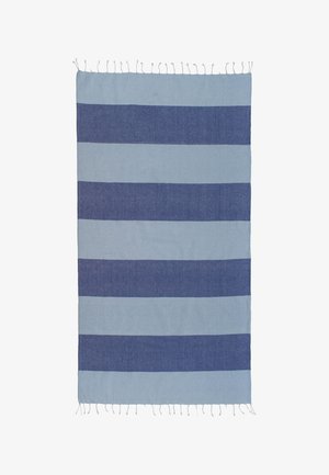 Blue and light blue horizontal striped rectangular rug with tassels on both shorter edges.