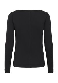 Black long-sleeve ribbed shirt with visible seam running vertically down the center back, simple round neckline, and fitted silhouette.
